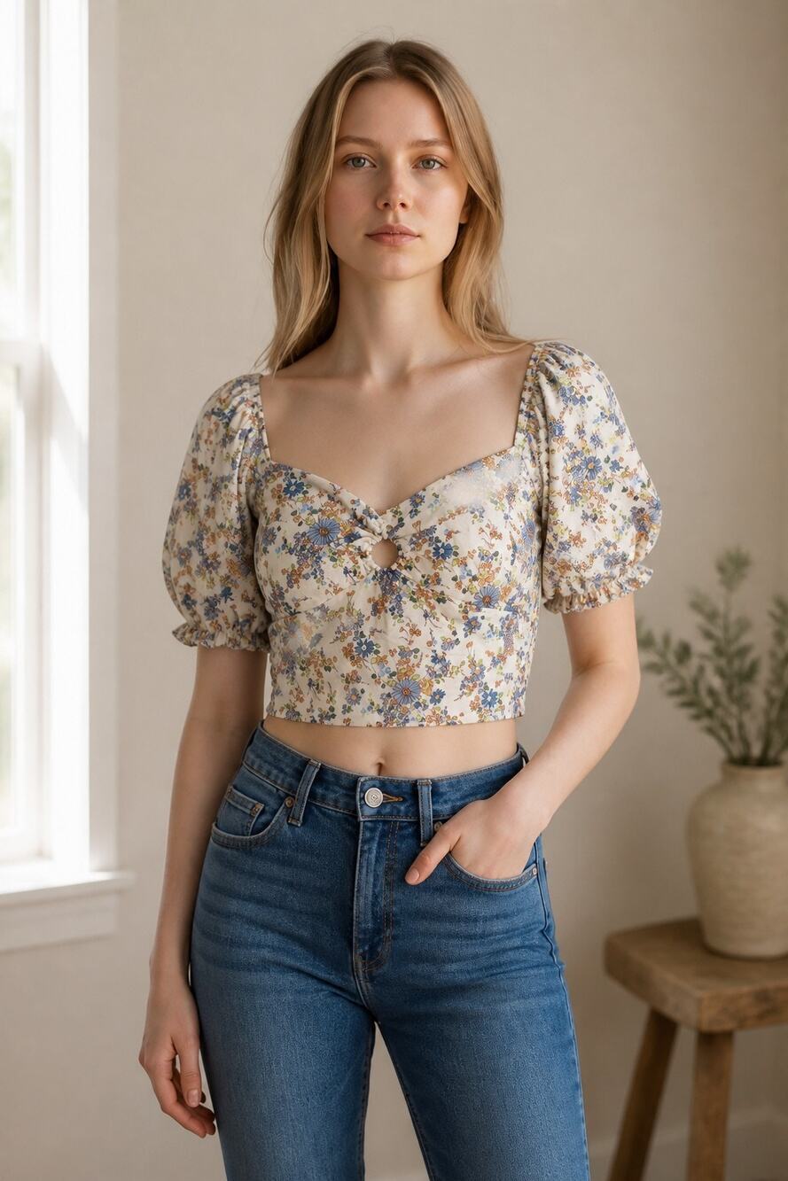 Abercrombie & Fitch White Blue Floral Smocked Puff Sleeve Crop Top Blouse Size M